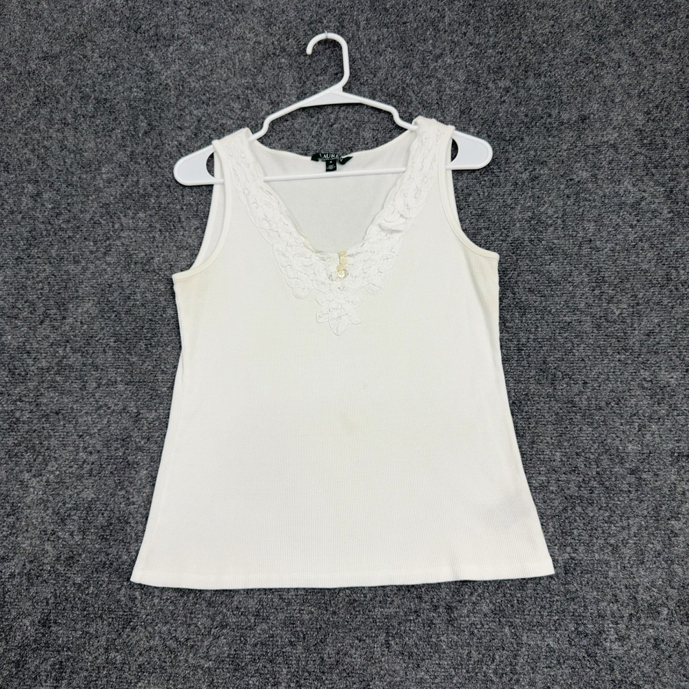 Lauren Ralph Lauren Tank Top Womens M White Cotton Lace Trim Ribbed V-Neck